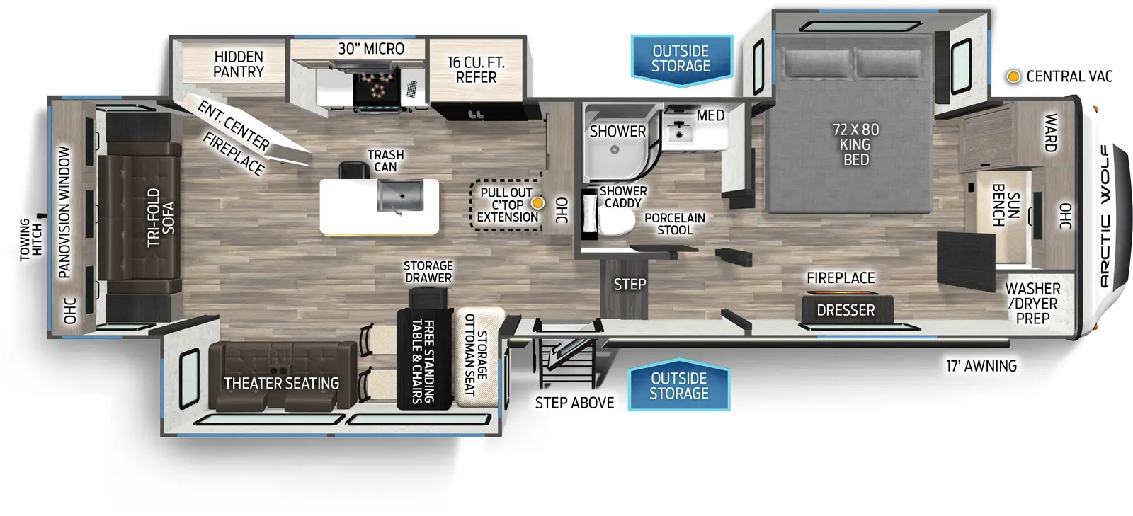 The 3250SUITE has three slideouts and one entry. Exterior features 17 foot awning, outside storage, step above entry steps, and rear towing hitch. Interior layout front to back: front sun bench with overhead cabinet, wardrobe and closet with washer/dryer prep, off-door side king bed slideout, and door side dresser with fireplace below; off-door side full bathroom with porcelain stool, medicine cabinet, and shower caddy; door side steps down to main living area and entry; kitchen counter with pull-out countertop extension, central vacuum, and overhead cabinet along inner wall; off-door side slideout with refrigerator, kitchen counter with cooktop, overhead cabinet with microwave, and entertainment center with fireplace and hidden pantry behind; kitchen island with sink, and trash can; door side slideout with free-standing table with storage drawer, chairs, and storage ottoman seat, and theater seating; rear tri-fold sofa with overhead cabinet, and panovision window.